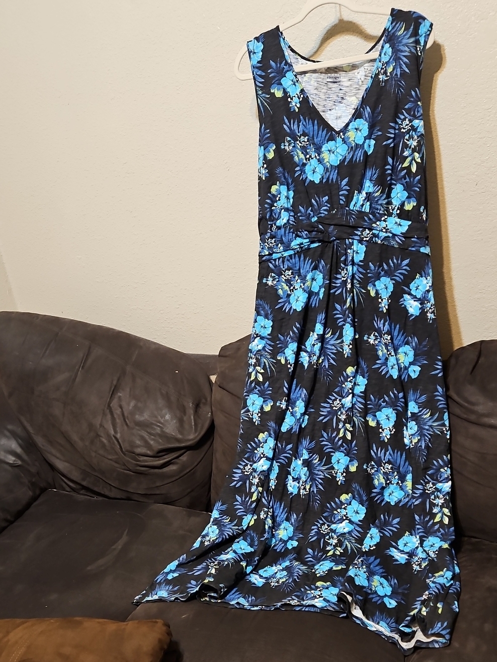 Basic Editions Black Maxi Dress with Blue Floral Print